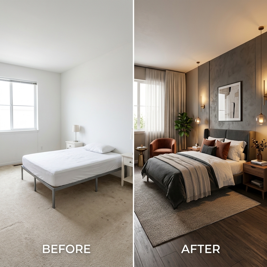 Room transformed from empty space to beautifully designed interior