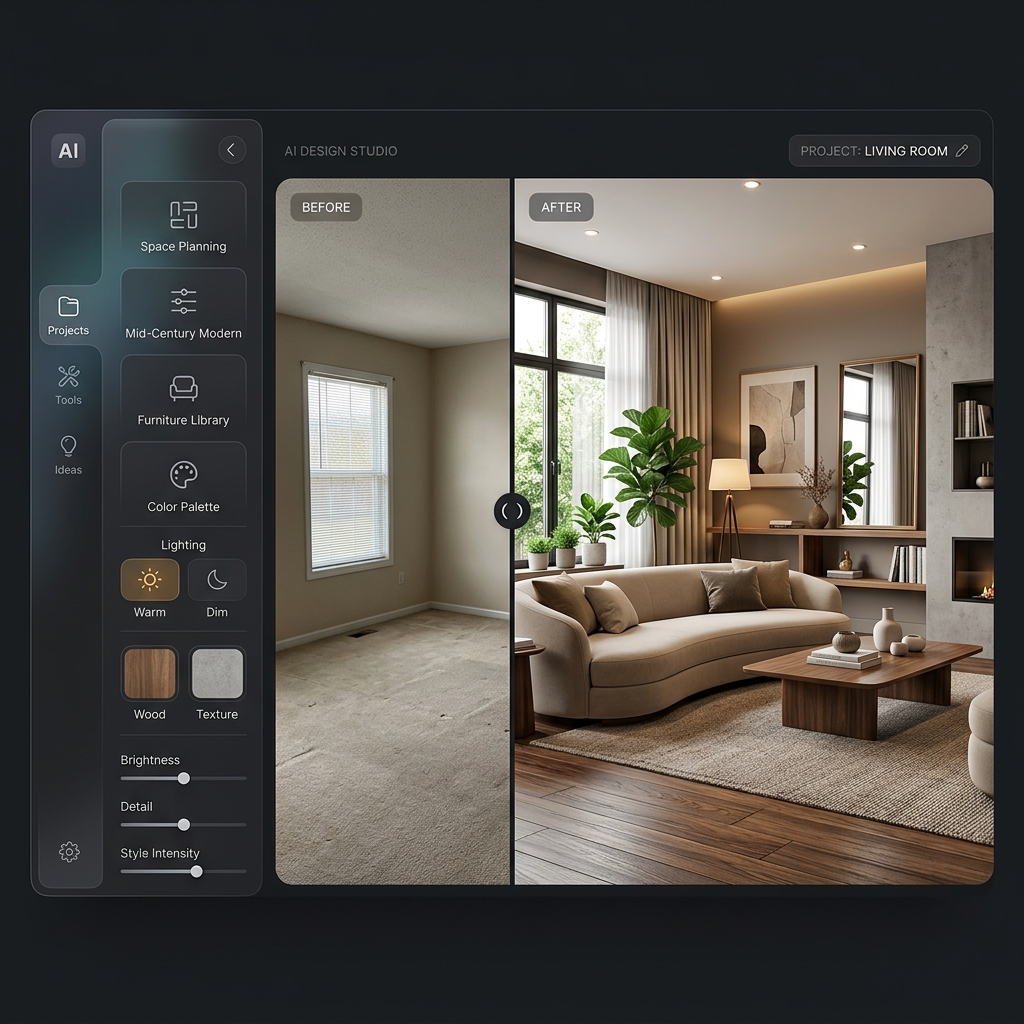 Drouse AI interior design tool — before and after room transformation