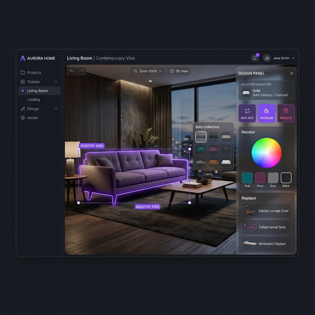 Drouse revision interface — select and edit individual furniture pieces